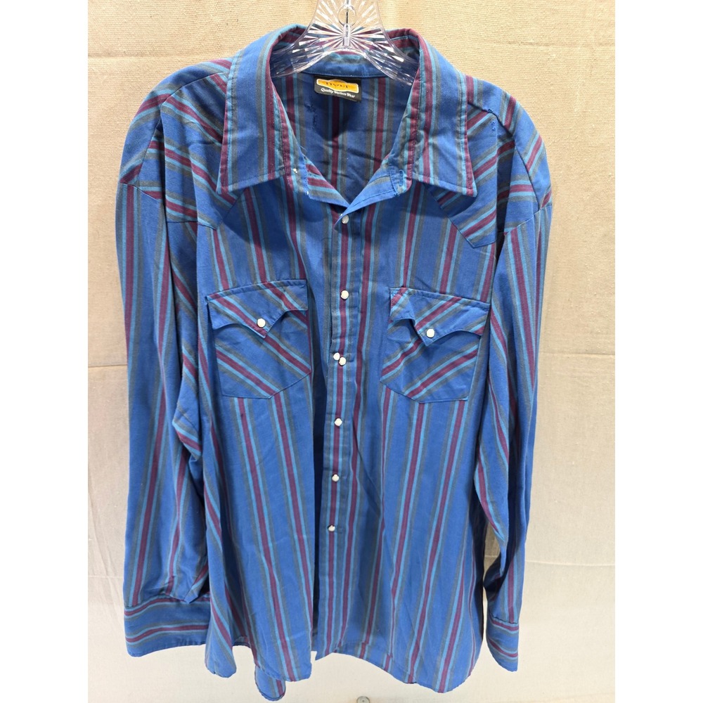 Vintage Holt Western Wear Blue Striped Pearl Snap Shirt Long Sleeve Mens 2XL